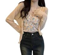 Sommerlicher Transparenter Chiffon Strickpullover für Damen Gerafft Kurz Geschnitten Leichte Strickjacke mit Langen Ärmeln Offener Transparenter Schal Top Überwurf für Kleider Hochzeit Aprikose