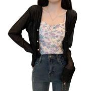 Sommerlicher Transparenter Chiffon Strickpullover für Damen Gerafft Kurz Geschnitten Leichte Strickjacke mit Langen Ärmeln Offener Transparenter Schal Top Überwurf für Kleider Hochzeiten Schwarz