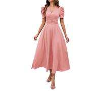 Sommerliches Damenkleid Für Den Frühling, V-Ausschnitt, A-Linie, Faltenrock, Midi-Länge, Modische Puffärmel, Hohe Taille, Businesskleid (Pink,XL)