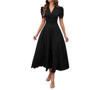 Sommerliches Damenkleid Für Den Frühling, V-Ausschnitt, A-Linie, Faltenrock, Midi-Länge, Modische Puffärmel, Hohe Taille, Businesskleid (Black,S)
