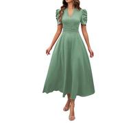 Sommerliches Damenkleid Für Den Frühling, V-Ausschnitt, A-Linie, Faltenrock, Midi-Länge, Modische Puffärmel, Hohe Taille, Businesskleid (Light Green,XL)