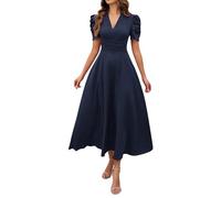 Sommerliches Damenkleid Für Den Frühling, V-Ausschnitt, A-Linie, Faltenrock, Midi-Länge, Modische Puffärmel, Hohe Taille, Businesskleid (Dark Blue,S)