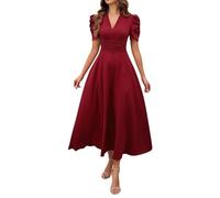 Sommerliches Damenkleid Für Den Frühling, V-Ausschnitt, A-Linie, Faltenrock, Midi-Länge, Modische Puffärmel, Hohe Taille, Businesskleid (Red,L)