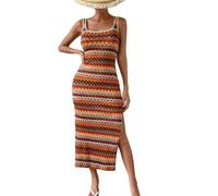 Sommerliches Figurbetontes Strickkleid für Damen Gestreift Ärmellos Rundhalsausschnitt Boho-Stil Gestreiftes Schmal Geschnittenes Tankkleid Maxikleid mit Seitenschlitz für Urlaub Strand und Allta