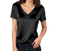 Sommerliches Kurzarm-T-Shirt mit dekorativem Mesh-Einsatz als lässiges Basic-Top Damen Sommer Casual Einfarbig T-Shirt - Kurzarm Rundhals Bequem Slim Fit Freizeit Outfit (Black, XXL)