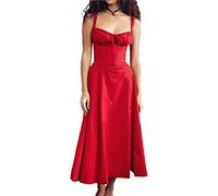 Sommerliches, lässiges Korsett-Midikleid for Damen, ärmellos, A-Linie, geteilter Schlitz, fließende Boho-Blumenkleider (Color : Red, Size : M)