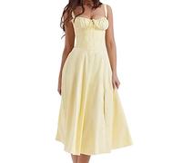 Sommerliches, lässiges Korsett-Midikleid for Damen, ärmellos, A-Linie, geteilter Schlitz, fließende Boho-Blumenkleider (Color : Yellow, Size : L)