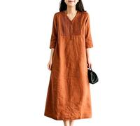 Sommerliches Lockeres Maxikleid für Damen Einfarbig 3/4 Ärmel V Ausschnitt Falten Vorne Langes Tunikakleid Aus Baumwoll Leinen Mischgewebe Lässiges Boho Sommerkleid für Jeden Tag Orange Rot Grö