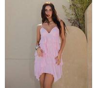 Sommerliches Strandurlaubs-Kleid in leuchtendem Rosa, Chiffonkleid mit Lotusblatt-Volants, Trägerkleid, Musik-Festival-Kleidung, Country-Musik-Festiva