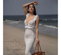 Sommerliches, weißes, sexy gehäkeltes strukturiertes Kleid mit Off-Shoulder Ausschnitt, Cut-Outs am Rücken und eleganter Saumlinie, Sommerkleid für Da