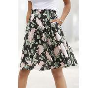 Sommerrock BUFFALO "mit Paperbag-Bund und Blumenprint", Damen, Gr. 42, bunt (schwarz, rosa, bedruckt), Jersey, Obermaterial: 100% Viskose, bedruckt, figurumspielend kniefrei, Röcke, luftiger Midirock