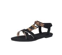 Sommersandalen für Damen, Größe 45, Damen-Sandalen, runde Zehenpartie, flache Unterseite, atmungsaktiv, elastisch, Fischmund, ethnischer Stil, lässige Sandalen, flache Pantoletten, Schwarz , 39.5 EU