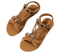 Sommersandalen für Damen, Größe 45, Damen-Sandalen, runde Zehenpartie, flache Unterseite, atmungsaktiv, elastisch, Fischmund, ethnischer Stil, lässige Sandalen, flache Pantoletten, braun, 39.5 EU