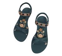 Sommersandalen für Damen, Größe 45, Damen-Sandalen, runde Zehenpartie, flache Unterseite, atmungsaktiv, elastisch, Fischmund, ethnischer Stil, lässige Sandalen, flache Pantoletten, grün, 39.5 EU