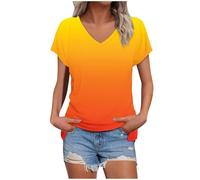 Sommershirts Damen Farbverlauf Kurzarm Shirt LäSsig Vintage Oberteile Leicht Und Luftig Oversize T-Shirt Loose Elegant Hemdbluse Casual V-Ausschnitt Blusenshirt Urlaub Hemden Blusen