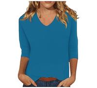 Sommerurlaub Must Have Tshirt Damen Sommer 3/4 Ärmel Oberteile Rundhal V Ausschnitt Langarm Shirt Einfarbig Basic Tops Tunika Tee Pullover Elegant Bluse Longshirt Sommerbluse Damen leicht elegant