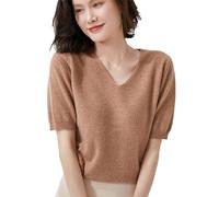 Sommerwolle Kurzarm Damen Trend T-Shirt Solid V-Ausschnitt Pullover Dünnes Strickoberteil Halbarm Kaschmirpullover golden khaki9 L