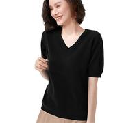 Sommerwolle Kurzarm Damen Trend T-Shirt Solid V-Ausschnitt Pullover Dünnes Strickoberteil Halbarm Kaschmirpullover Black M