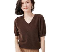 Sommerwolle Kurzarm Damen Trend T-Shirt Solid V-Ausschnitt Pullover Dünnes Strickoberteil Halbarm Kaschmirpullover red Coffee M