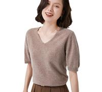 Sommerwolle Kurzarm Damen Trend T-Shirt Solid V-Ausschnitt Pullover Dünnes Strickoberteil Halbarm Kaschmirpullover This Purple L