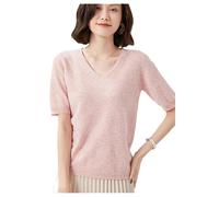 Sommerwolle Kurzarm Damen Trend T-Shirt Solid V-Ausschnitt Pullover Dünnes Strickoberteil Halbarm Kaschmirpullover Pink XL