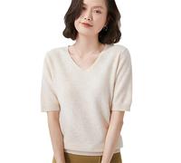 Sommerwolle Kurzarm Damen Trend T-Shirt Solid V-Ausschnitt Pullover Dünnes Strickoberteil Halbarm Kaschmirpullover Beige M
