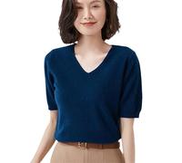 Sommerwolle Kurzarm Damen Trend T-Shirt Solid V-Ausschnitt Pullover Dünnes Strickoberteil Halbarm Kaschmirpullover Navy Blue M