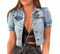 SOMTHRON Damen Cropped Jean Jacke Puff Kurzarm Button Down Denim Coat Crop Top Oberbekleidung, B-light blue, L