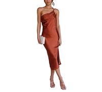 SOMTHRON Elegantes ärmelloses Satinkleid mit Einer Schulter für Damen Gerafftes rückenfreies einfarbiges Midikleid zum Binden BR-M