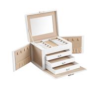 SONGMICS Schmuckkästchen 4 Ebenen, Schmuckkasten mit Griff, 3 Schubladen, Schmuckschatulle mit Spiegel, Schloss, Schmuckaufbewahrung, Bezug in Wolkenweiß, Innenfutter in Sandbeige JBC159W01