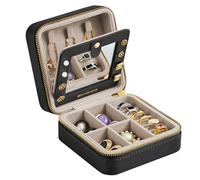SONGMICS GISELLA Kollektion - Schmuckkästchen Reise, Schmuck-Reiseetui, Spiegel, Reißverschluss, Schmuckaufbewahrung tragbar, PU-Bezug, 11,4 x 11,4 x 5,5 cm, Geschenkidee, tintenschwarz JBC146BKV1