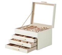 SONGMICS GISELLA Kollektion - Schmuckkästchen, Schmuckkasten 4 Ebenen, Schmuckbox mit Glasdeckel, 3 Schubladen, Schmuckaufbewahrung, Geschenkidee, 20,3 x 23,1 x 16,5 cm, wolkenweiß-golden JBC173W01