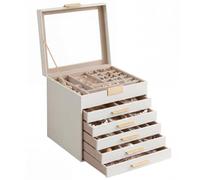 SONGMICS GISELLA Kollektion - Schmuckkästchen, Schmuckkasten 6 Ebenen, Schmuckbox mit Glasdeckel, 5 Schubladen, Schmuckaufbewahrung, Geschenkidee, 20,3 x 23,1 x 22,8 cm, wolkenweiß-golden JBC176W01
