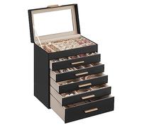 SONGMICS GISELLA Kollektion - Schmuckkästchen, Schmuckkasten mit 6 Ebenen, Schmuckbox mit Glasdeckel, 5 Schubladen, für Sonnenbrillen, Schmuckaufbewahrung, modern, graphitschwarz-golden JBC171B01