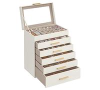 SONGMICS GISELLA Kollektion - Schmuckkästchen, Schmuckkasten mit 6 Ebenen, Schmuckbox mit Glasdeckel, 5 Schubladen, für Sonnenbrillen, Schmuckaufbewahrung, modern, wolkenweiß-golden JBC171W01