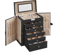 SONGMICS Schmuckkasten, große Schmuckschatulle mit 6 Ebenen, Schmuckkästchen mit seitlichen Klapptüren, Schubladen, Spiegel und Verschluss, für Ringe, Ohrringe, Uhren, Weihnachten, schwarz JBC152B01