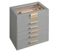 Songmics JBC171G01 Schmuckkästchen mit Glasdeckel, 6 Ebenen, 5 Schubladen, für Sonnenbrillen, großen Schmuck, Schmuckaufbewahrung, moderner Stil, Taubengrau und Gold