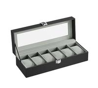 SONGMICS JWB06BK Uhrenbox mit 6 Fächern, Schatulle, mit Glasdeckel, abnehmbare Polster, Schloss aus Metall, schwarz beschichtet und Futter in Grau