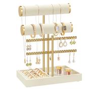 SONGMICS Schmuckhalter, 2 Armbandhalter, mit Tablett aus Samt | Schmuckständer, Schmuck-Organizer, Ohrringhalterung, abnehmbarer Ringhalter, weiß-gold, CAELEY Kollektion JJS046W101