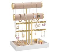 SONGMICS Schmuckhalter, 2 Armbandhalter, mit Tablett aus Samt | Schmuckständer, Schmuck-Organizer, Ohrringhalterung, abnehmbarer Ringhalter, blassgold, CAELEY Kollektion JJS046A101