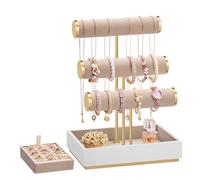 SONGMICS Schmuckhalter, Schmuckständer, 3 Armbandhalter, Schmuck-Organizer, mit Tablett aus Samt, abnehmbarer Ringhalter, wolkenweiß-kamelbraun JJS027A01