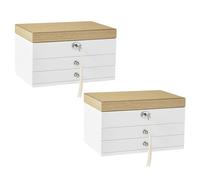 SONGMICS Schmuckkästchen 2er Set, 3 Ebenen, Schmuckkasten, Schmuckschatulle, großer Spiegel, 2 Schubladen, abschließbar, Geschenkidee, für Schmuckstücke, weiß-holzfarben JOW15WNV1