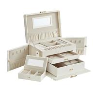 SONGMICS Schmuckkästchen 3 Ebenen, Schmuckkasten 2 Schubladen, tragbare Mini-Box für Reisen, mit Griff, abschließbar, Geschenkidee, PU-Bezug in Klassikweiß, Innenfutter in Cremeweiß JBC121W02