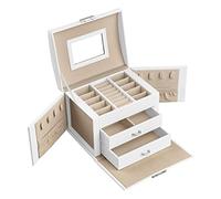 SONGMICS Schmuckkästchen 3 Ebenen, Schmuckkasten mit Griff, 2 Schubladen, Schmuckschatulle mit Spiegel, Schloss, Schmuckaufbewahrung für Reisen, modern, Geschenkidee, klassikweiß JBC154W01