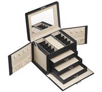 SONGMICS Schmuckkästchen 4 Ebenen, Schmuckkasten mit 3 Schubladen, viel Stauraum, innen mit Spiegel, abschließbar, Schmuckaufbewahrung, Geschenk für Ihre Liebsten, für Uhren, schwarz JBC159B01