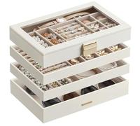 SONGMICS Schmuckkästchen 4 Ebenen, Schmucktablett stapelbar, Schmuckkasten groß, Schmuckbox mit Glasdeckel, 17 x 28 x 18,3 cm, Schmuckeinsatz für Schubladen, Geschenkidee, weihnachten, weiß JBC164W01