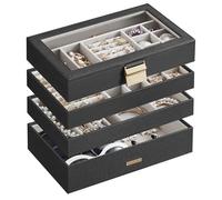 SONGMICS Schmuckkästchen 4 Ebenen, Schmucktablett stapelbar, Schmuckkasten groß, Schmuckbox mit Glasdeckel, 17 x 28 x 18,3 cm, Schmuckeinsatz für Schubladen, Geschenkidee, schwarz JBC164B01