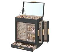 SONGMICS Schmuckkästchen, 5-lagiger Schmuck-Organizer, 16,1 x 25,9 x 30,6 cm, Schiefer Grau und Metallic Gold UJBC162G01