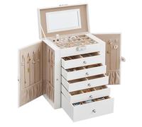 SONGMICS Schmuckkästchen 6 Ebenen, Schmuckkasten mit 5 Schubladen, viel Stauraum, innen mit Spiegel, abschließbar, Schmuckaufbewahrung, Geschenk für Ihre Liebsten, für Uhren, weiß JBC152W01