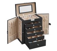 SONGMICS Schmuckkasten, große Schmuckschatulle mit 6 Ebenen, Schmuckkästchen mit seitlichen Klapptüren, Schubladen, Spiegel und Verschluss, für Ringe, Ohrringe, Uhren, Weihnachten, schwarz JBC152B01